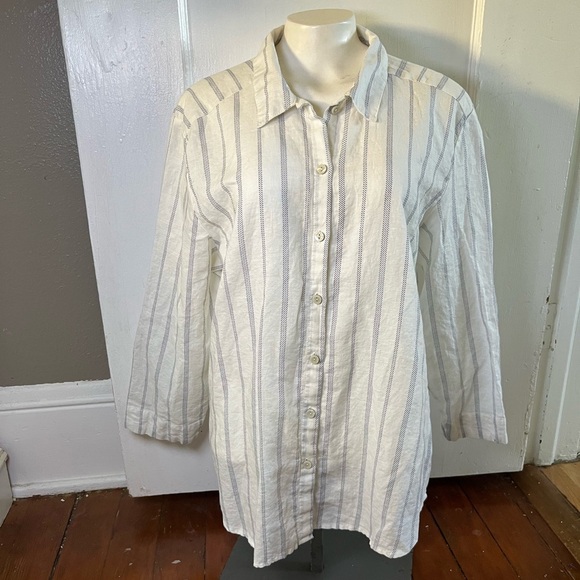 Hester & Orchard Linen Striped Button-Up Shirt 3/4 Sleeve Off White/Navy XL - Picture 1 of 10